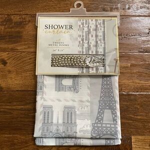 Paris Stamps Shower Curtain Set with hooks NEW